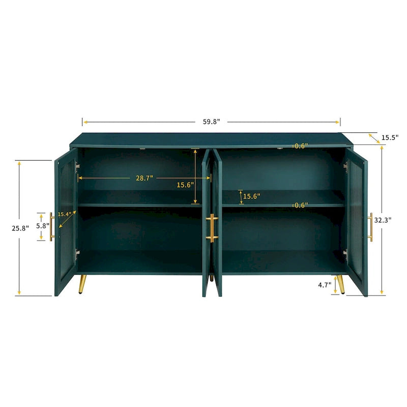 4-Door Fluted Glass Sideboard Buffet Cabinet with Adjustable Shelves, White