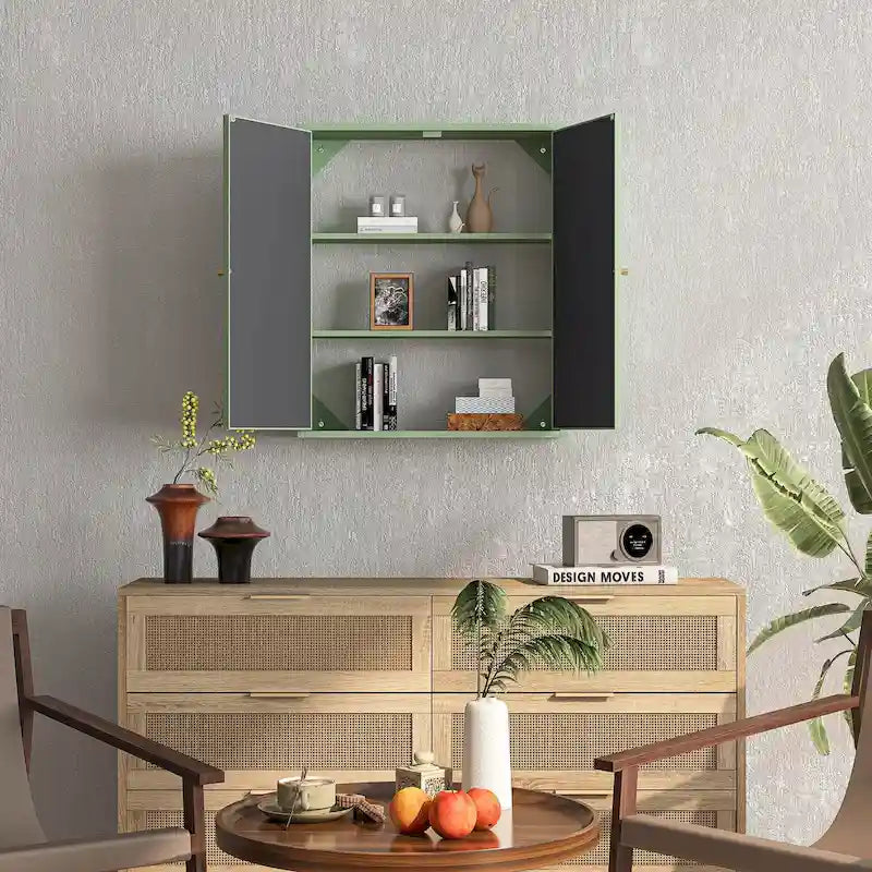 Wall Mounted Double Door Mirror Cabinet with Iron Frame and Storage Shelves Green Black