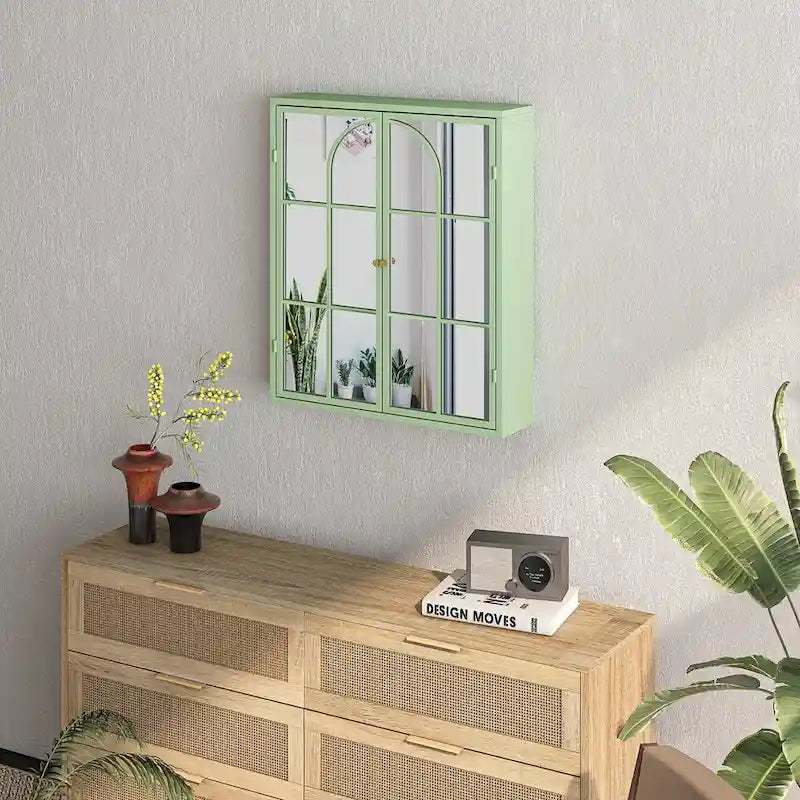 Wall Mounted Double Door Mirror Cabinet with Iron Frame and Storage Shelves Green Black