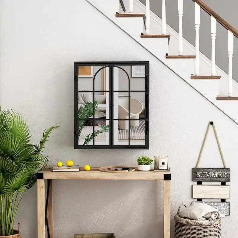 Wall Mounted Double Door Mirror Cabinet with Iron Frame and Storage Shelves Green Black