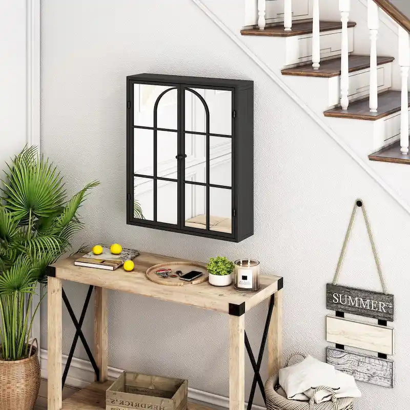 Wall Mounted Double Door Mirror Cabinet with Iron Frame and Storage Shelves Green Black