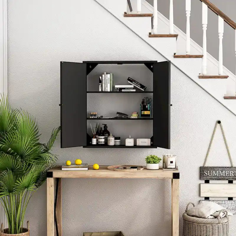 Wall Mounted Double Door Mirror Cabinet with Iron Frame and Storage Shelves Green Black