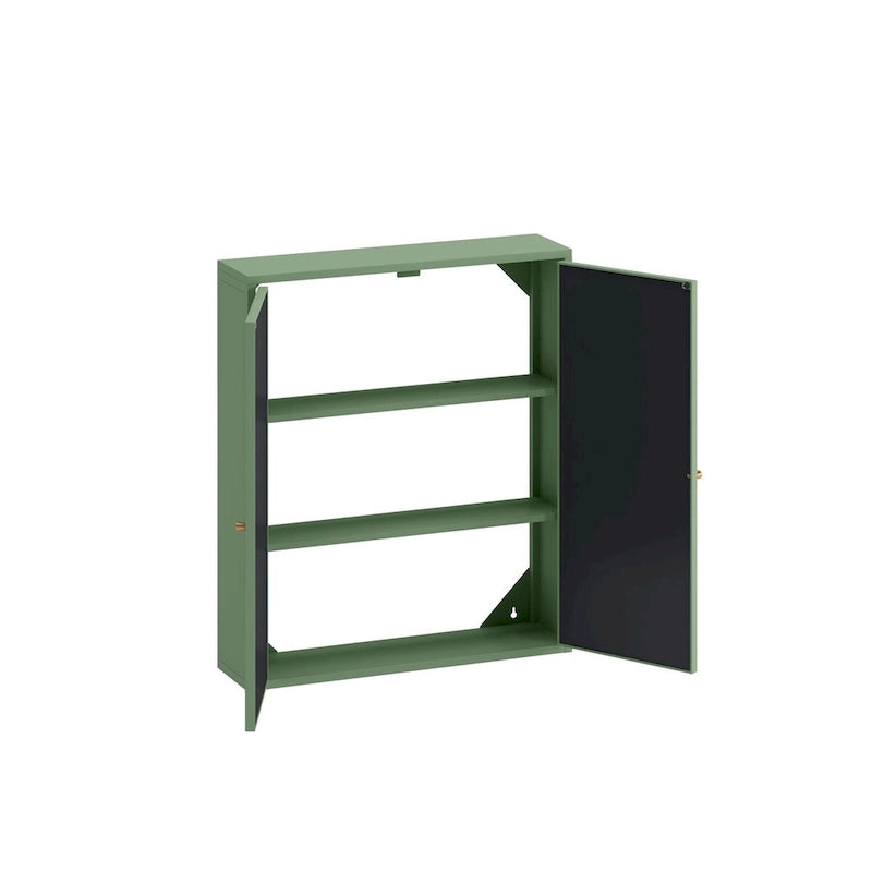 Wall Mounted Double Door Mirror Cabinet with Iron Frame and Storage Shelves Green Black