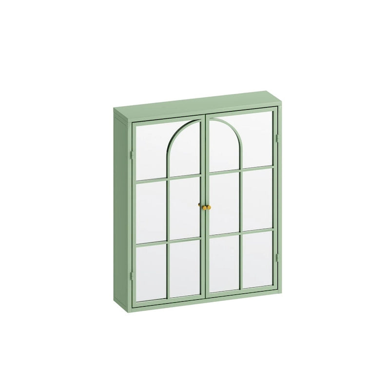 Wall Mounted Double Door Mirror Cabinet with Iron Frame and Storage Shelves Green Black