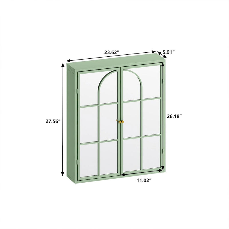 Wall Mounted Double Door Mirror Cabinet with Iron Frame and Storage Shelves Green Black