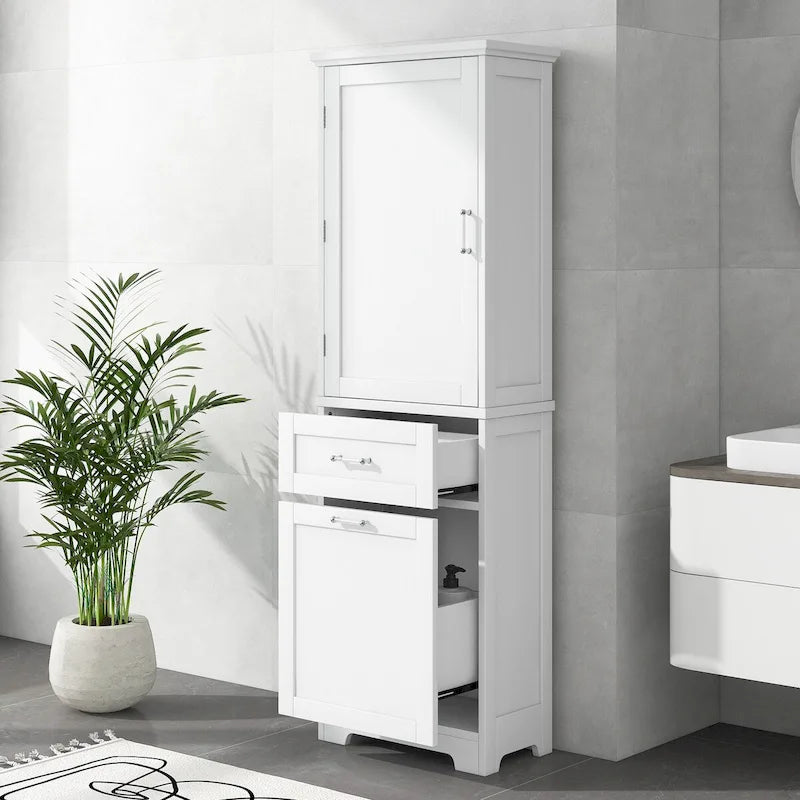 White Freestanding Tall Storage Cabinet with Two Drawers and Adjustable Shelf