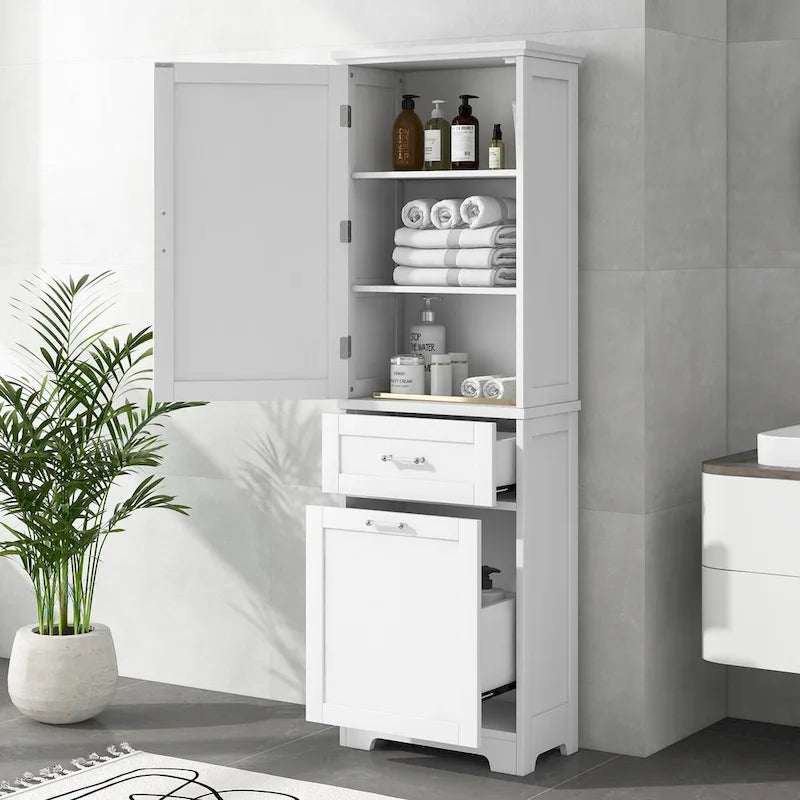 White Freestanding Tall Storage Cabinet with Two Drawers and Adjustable Shelf