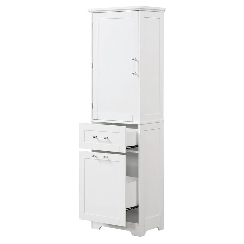 White Freestanding Tall Storage Cabinet with Two Drawers and Adjustable Shelf
