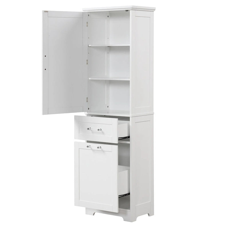 White Freestanding Tall Storage Cabinet with Two Drawers and Adjustable Shelf
