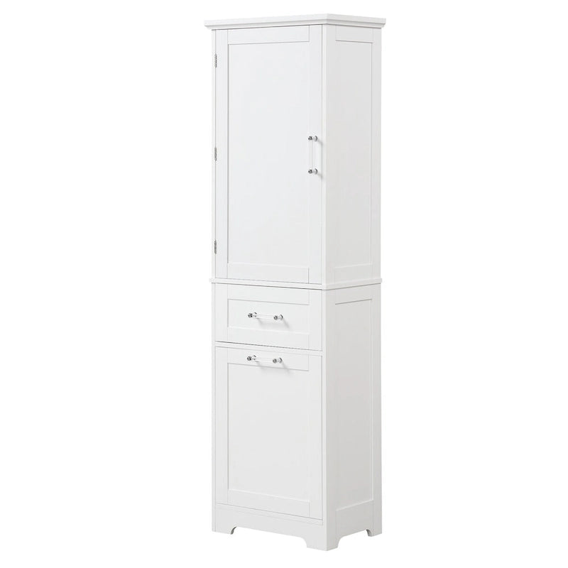 White Freestanding Tall Storage Cabinet with Two Drawers and Adjustable Shelf