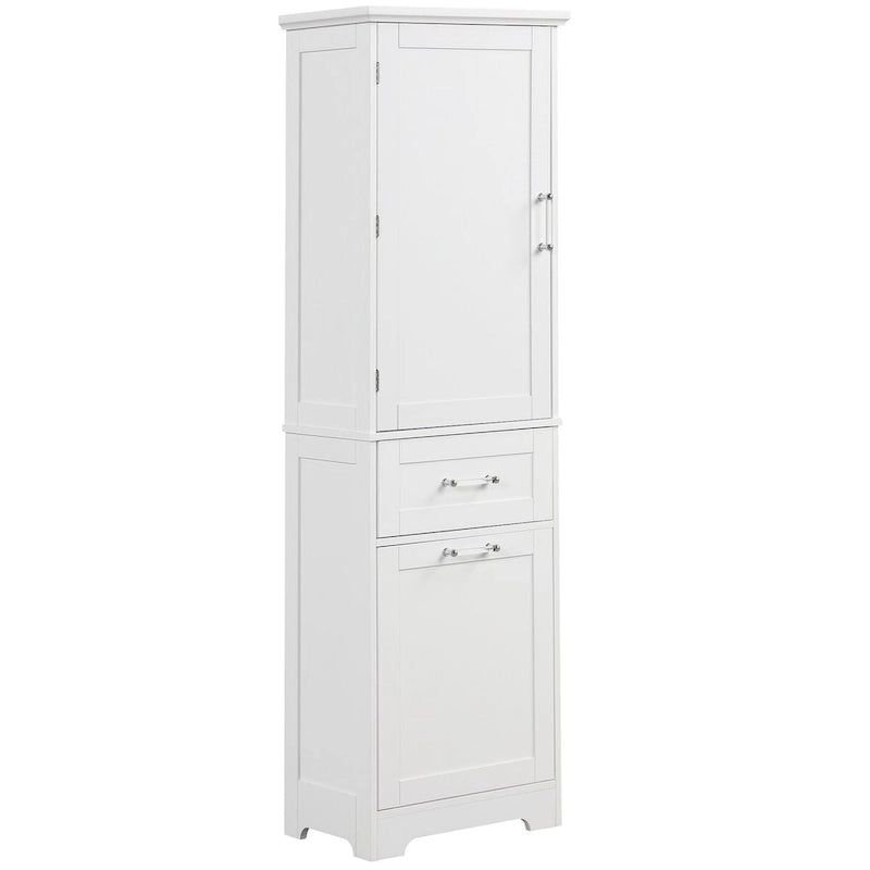 White Freestanding Tall Storage Cabinet with Two Drawers and Adjustable Shelf