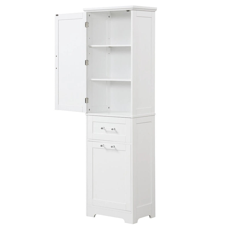 White Freestanding Tall Storage Cabinet with Two Drawers and Adjustable Shelf