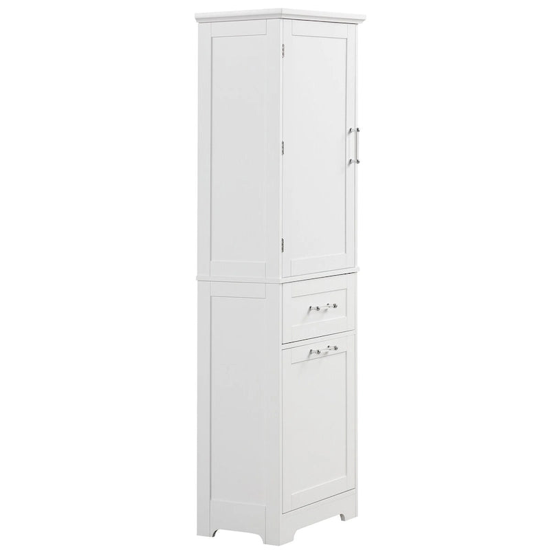 White Freestanding Tall Storage Cabinet with Two Drawers and Adjustable Shelf