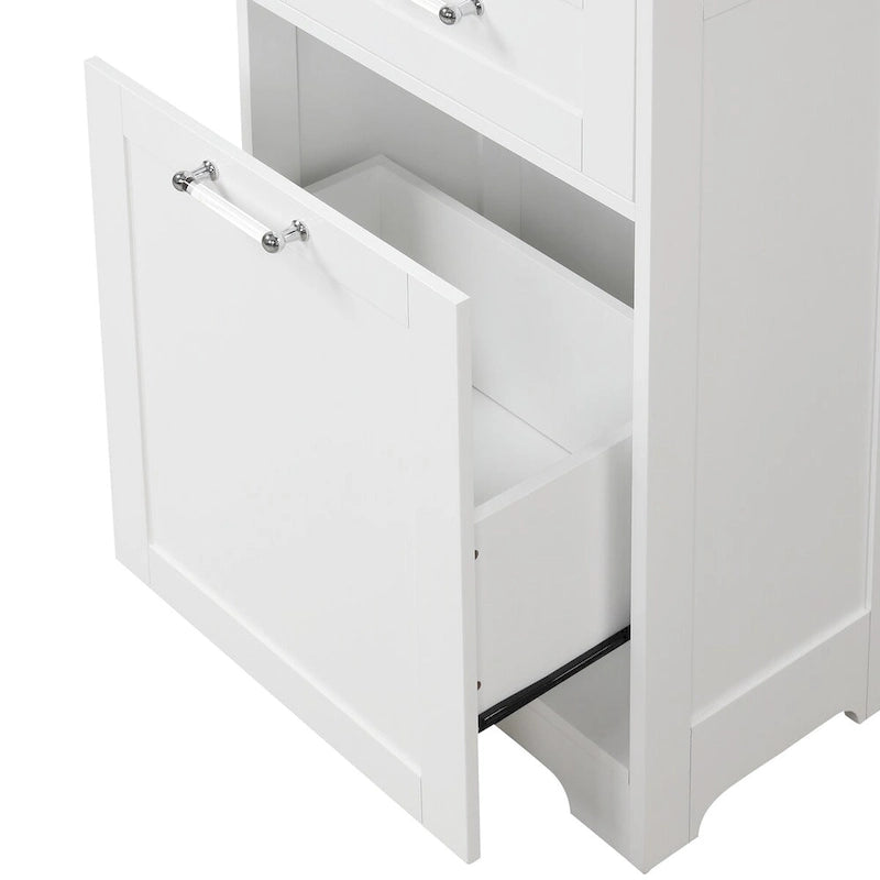 White Freestanding Tall Storage Cabinet with Two Drawers and Adjustable Shelf