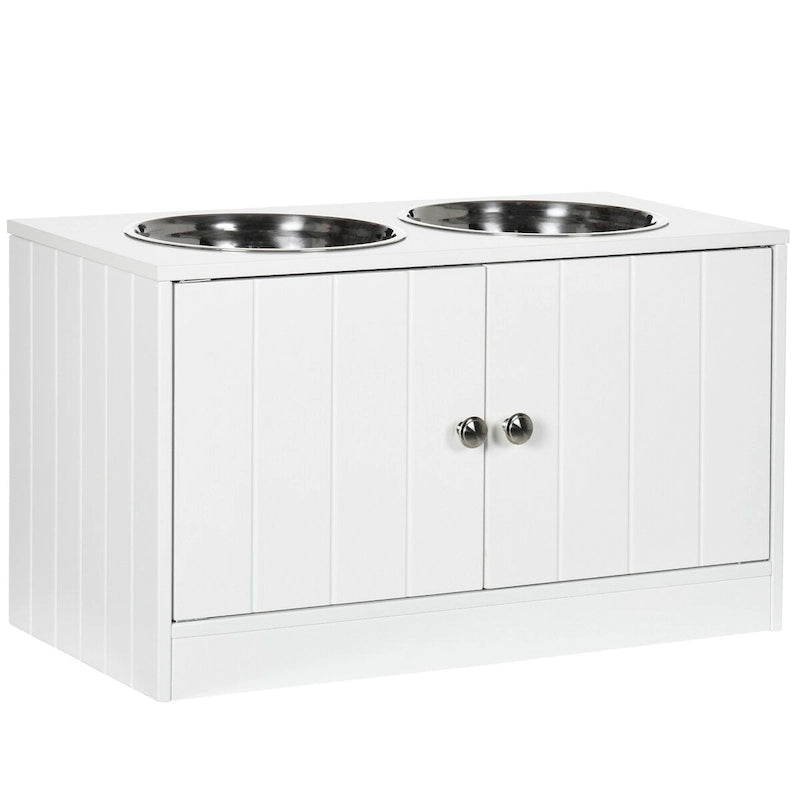 Elevated Double Dog Bowl Feeder with Storage Cabinet, White, Stainless Steel Bowls