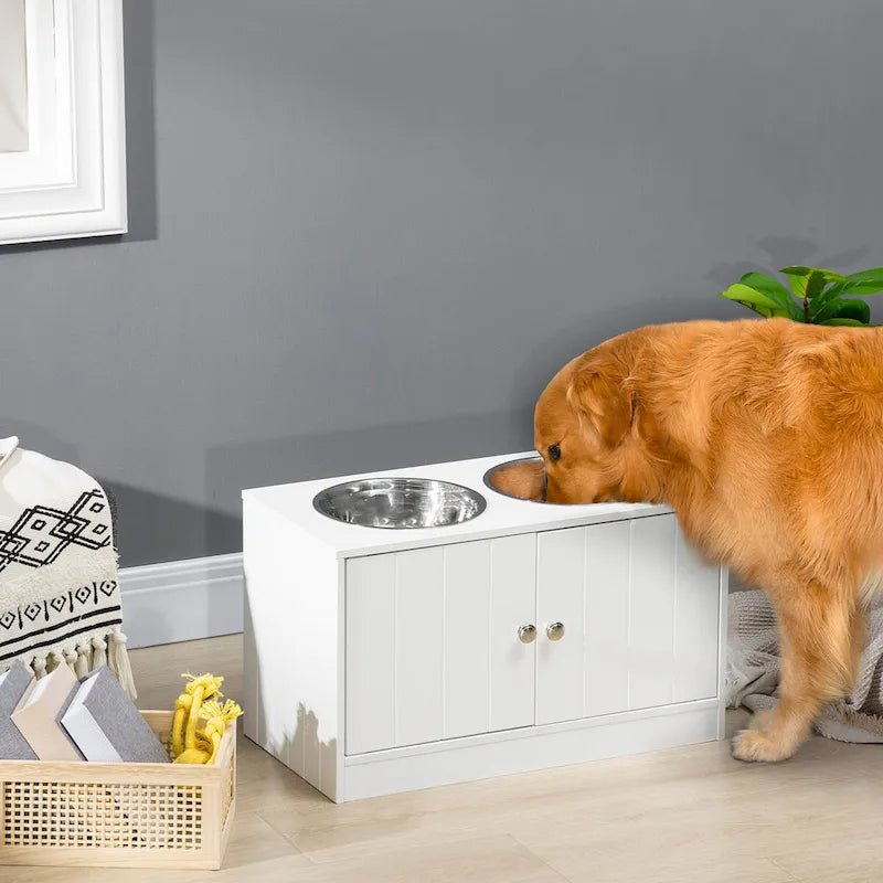 Elevated Double Dog Bowl Feeder with Storage Cabinet, White, Stainless Steel Bowls