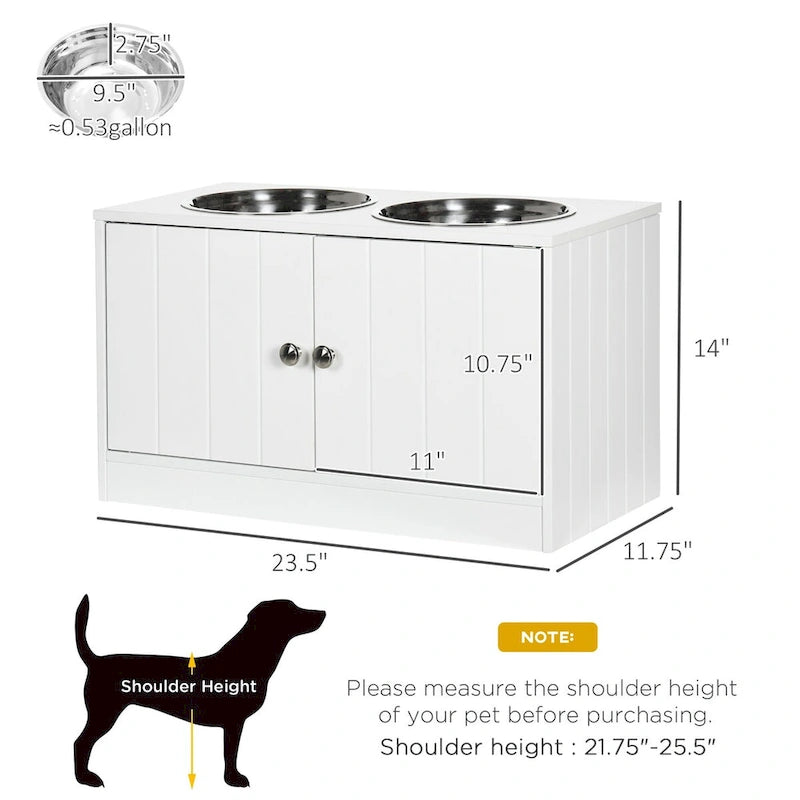 Elevated Double Dog Bowl Feeder with Storage Cabinet, White, Stainless Steel Bowls