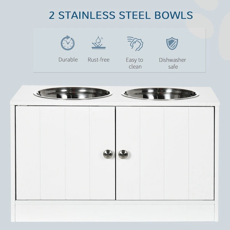 Elevated Double Dog Bowl Feeder with Storage Cabinet, White, Stainless Steel Bowls