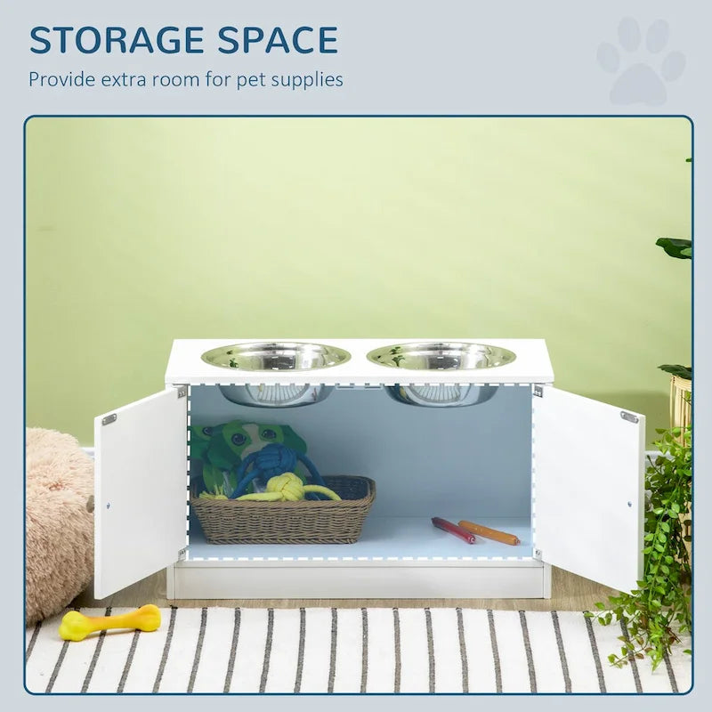 Elevated Double Dog Bowl Feeder with Storage Cabinet, White, Stainless Steel Bowls