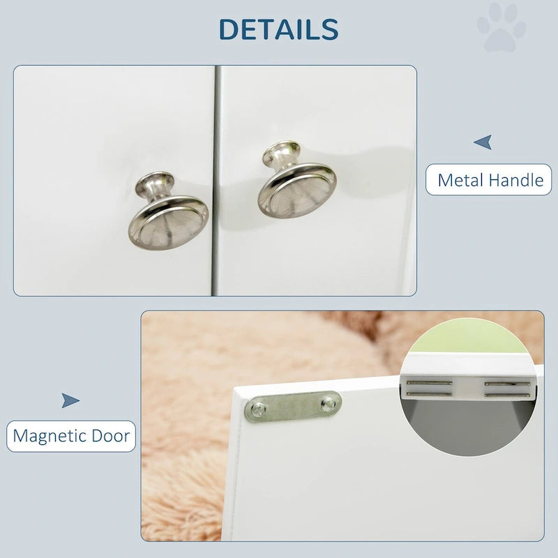 Elevated Double Dog Bowl Feeder with Storage Cabinet, White, Stainless Steel Bowls