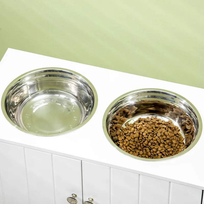 Elevated Double Dog Bowl Feeder with Storage Cabinet, White, Stainless Steel Bowls