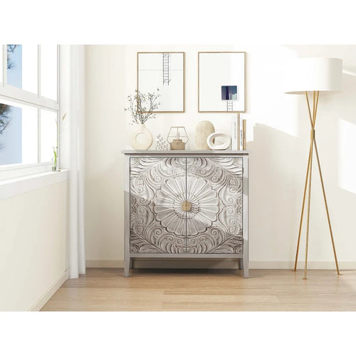 2 Door Accent Cabinet with Floral Carved Doors, Grey White