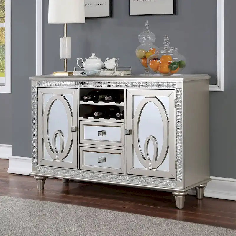 Glam Silver Mirrored Sideboard Server with Wine Rack and Storage Drawers