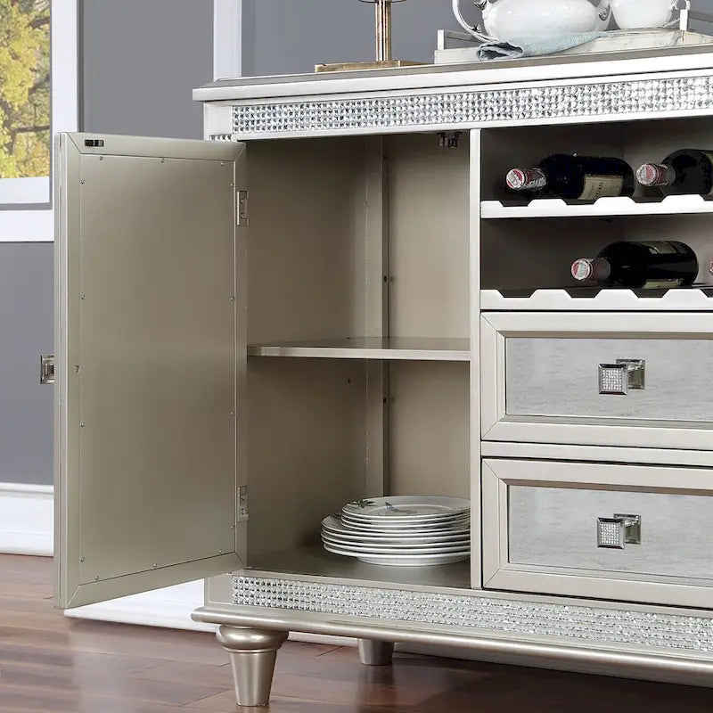 Glam Silver Mirrored Sideboard Server with Wine Rack and Storage Drawers