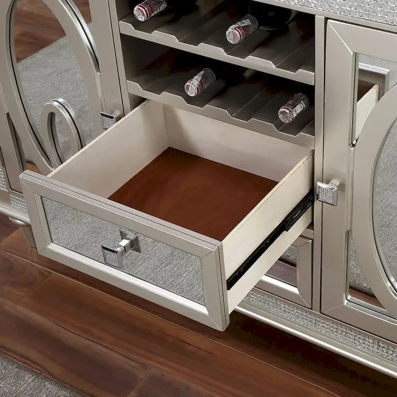 Glam Silver Mirrored Sideboard Server with Wine Rack and Storage Drawers