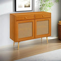 Boho-Sideboardschrank mit Rattantür, 2 Schubladen und verstellbarem Einlegeboden, hellbraun