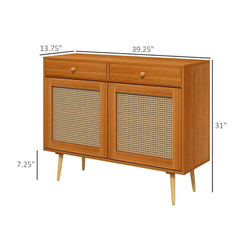 Boho-Sideboardschrank mit Rattantür, 2 Schubladen und verstellbarem Einlegeboden, hellbraun
