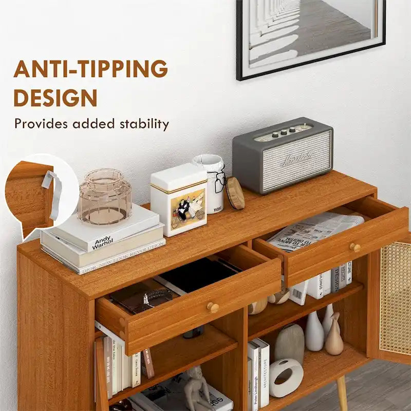 Boho-Sideboardschrank mit Rattantür, 2 Schubladen und verstellbarem Einlegeboden, hellbraun