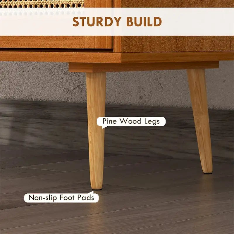 Boho-Sideboardschrank mit Rattantür, 2 Schubladen und verstellbarem Einlegeboden, hellbraun
