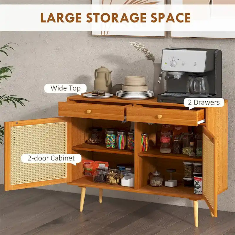 Boho-Sideboardschrank mit Rattantür, 2 Schubladen und verstellbarem Einlegeboden, hellbraun