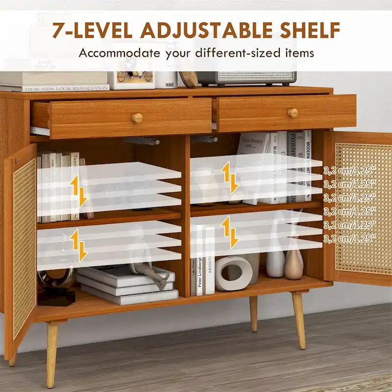 Boho-Sideboardschrank mit Rattantür, 2 Schubladen und verstellbarem Einlegeboden, hellbraun