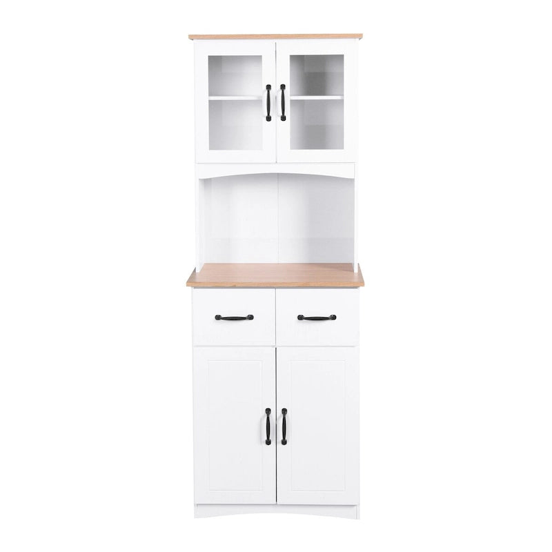 White Kitchen Storage Cabinet with Framed Glass Doors and Microwave Space