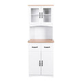 White Kitchen Storage Cabinet with Framed Glass Doors and Microwave Space
