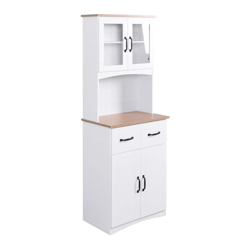White Kitchen Storage Cabinet with Framed Glass Doors and Microwave Space