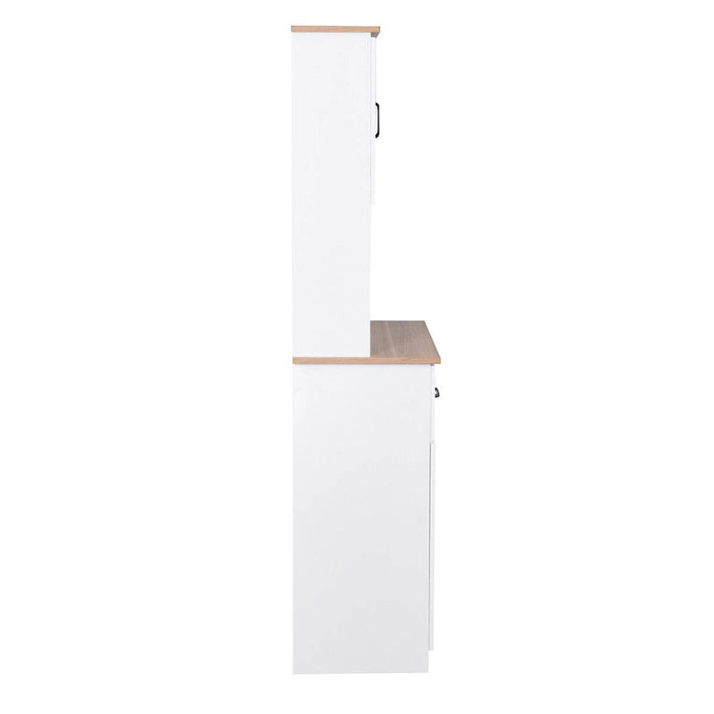White Kitchen Storage Cabinet with Framed Glass Doors and Microwave Space