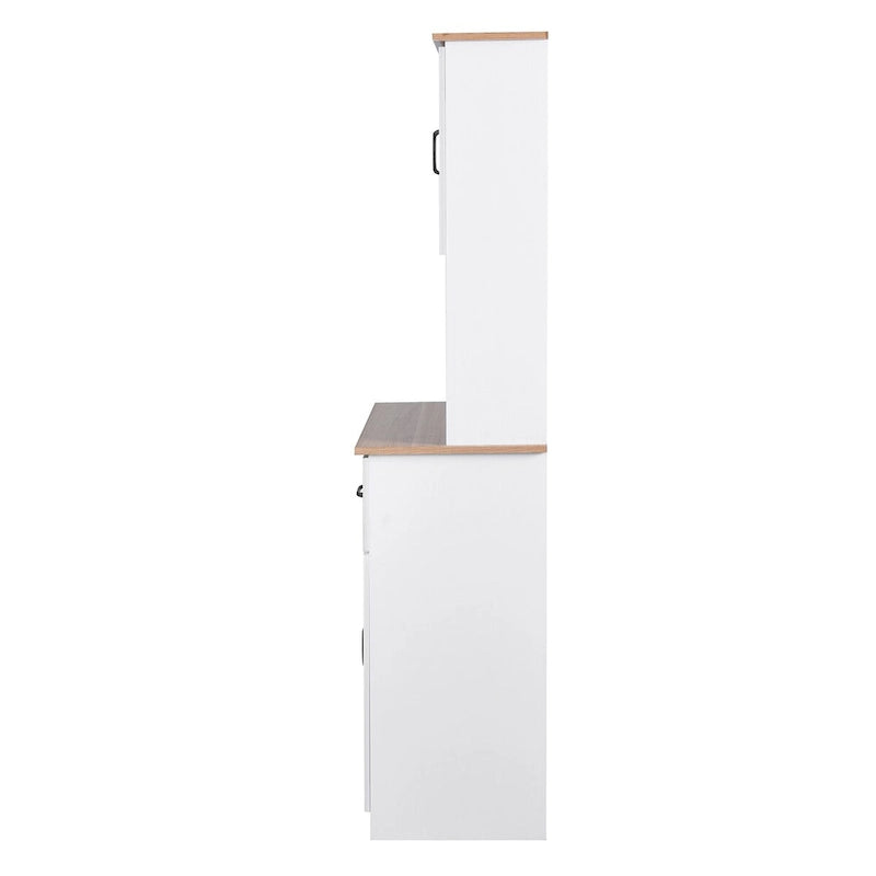 White Kitchen Storage Cabinet with Framed Glass Doors and Microwave Space