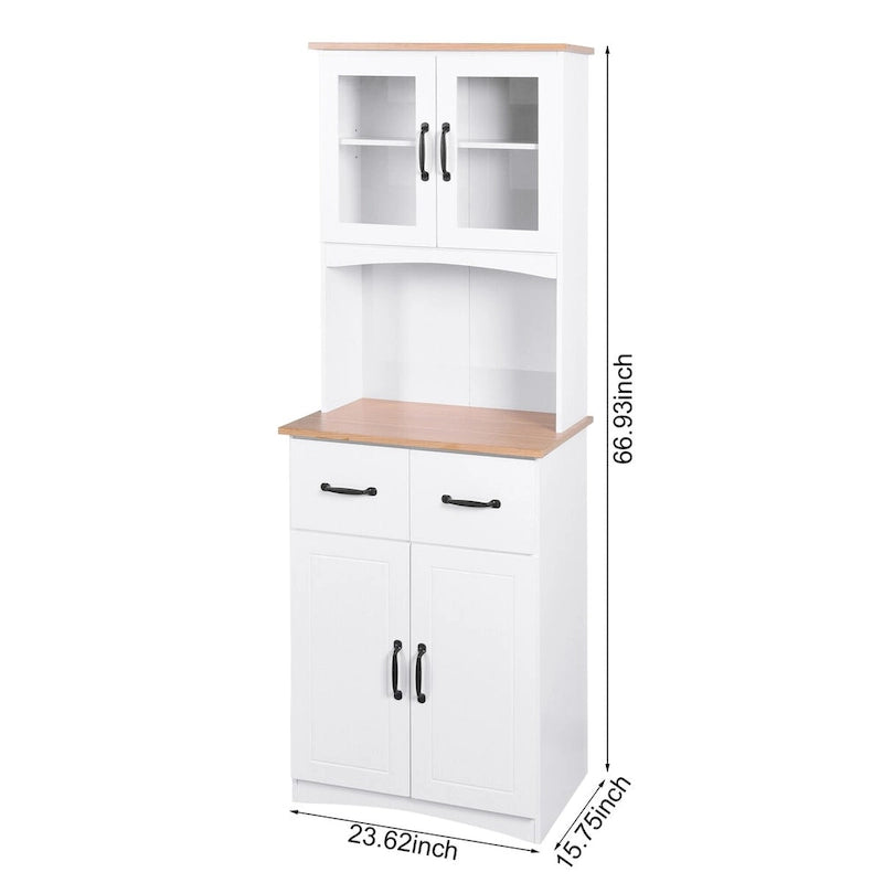 White Kitchen Storage Cabinet with Framed Glass Doors and Microwave Space