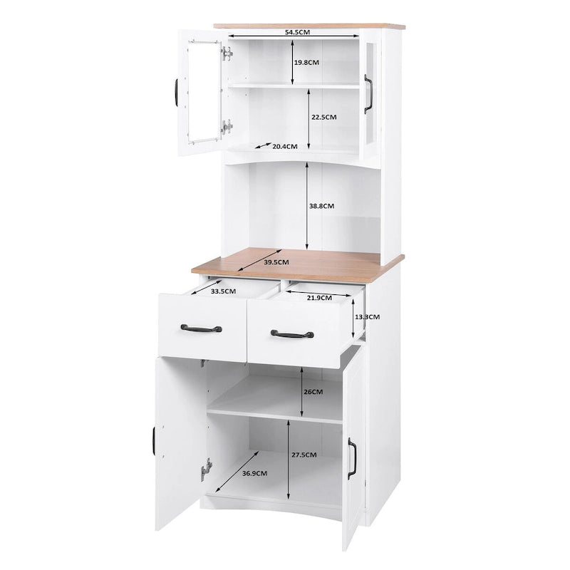 White Kitchen Storage Cabinet with Framed Glass Doors and Microwave Space