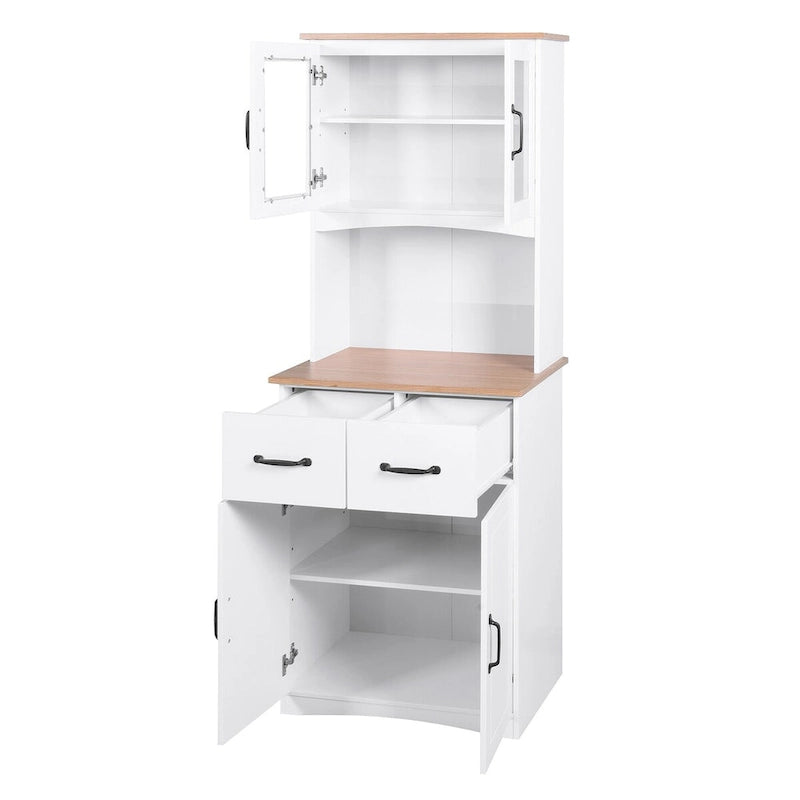 White Kitchen Storage Cabinet with Framed Glass Doors and Microwave Space