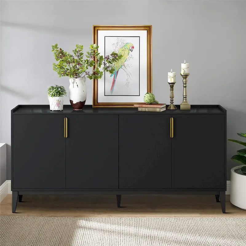 63-Inch Wood Sideboard Cabinet with Gold Handles and Tapered Legs