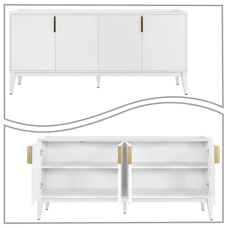 63-Inch Wood Sideboard Cabinet with Gold Handles and Tapered Legs