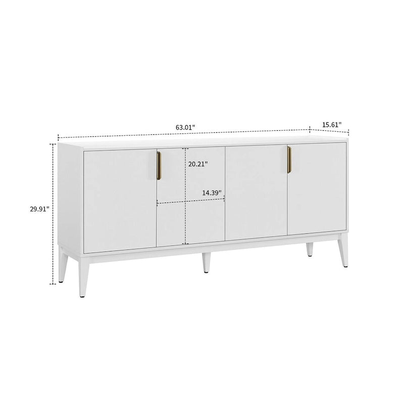 63-Inch Wood Sideboard Cabinet with Gold Handles and Tapered Legs