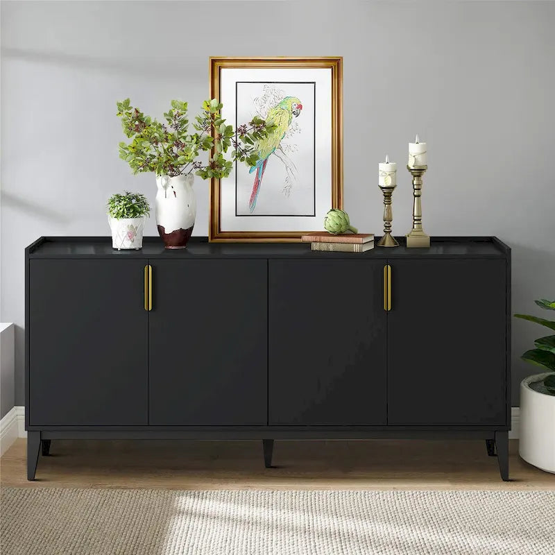 63-Inch Wood Sideboard Cabinet with Gold Handles and Tapered Legs