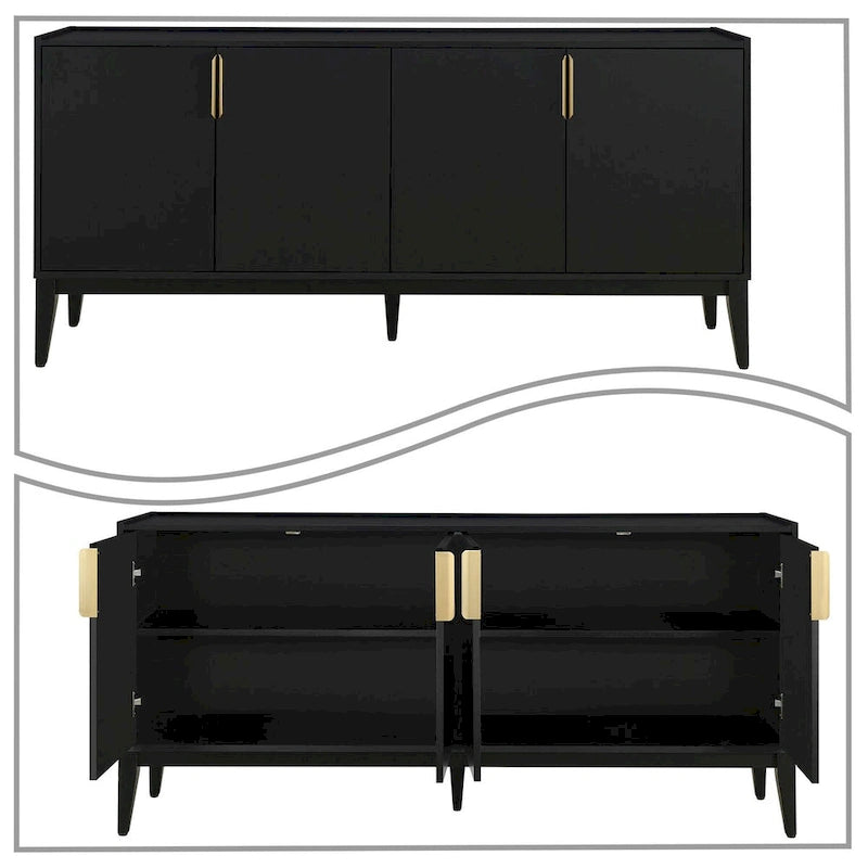 63-Inch Wood Sideboard Cabinet with Gold Handles and Tapered Legs