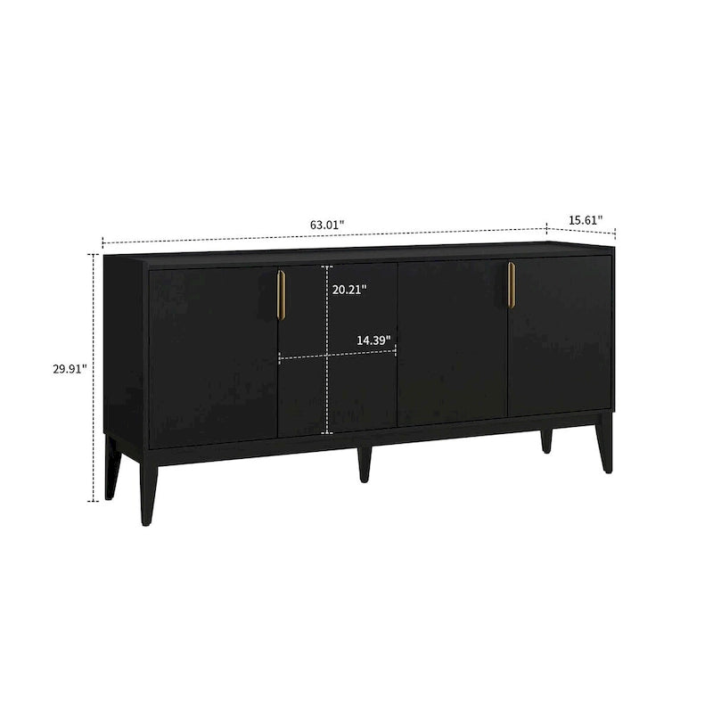 63-Inch Wood Sideboard Cabinet with Gold Handles and Tapered Legs