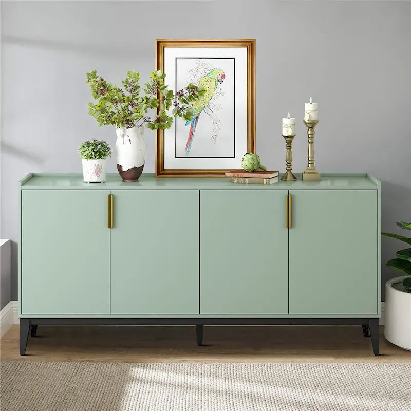 63-Inch Wood Sideboard Cabinet with Gold Handles and Tapered Legs